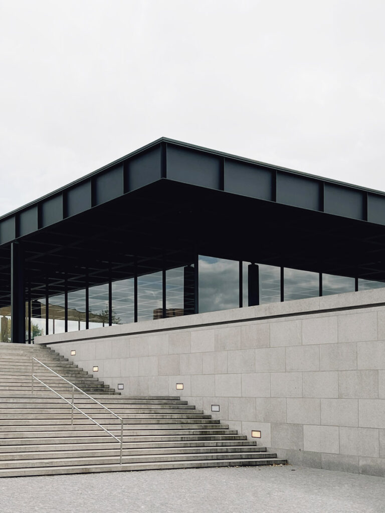 Minimalist architectural photography of the Neue Nationalgalerie in Berlin on a cloudy day
