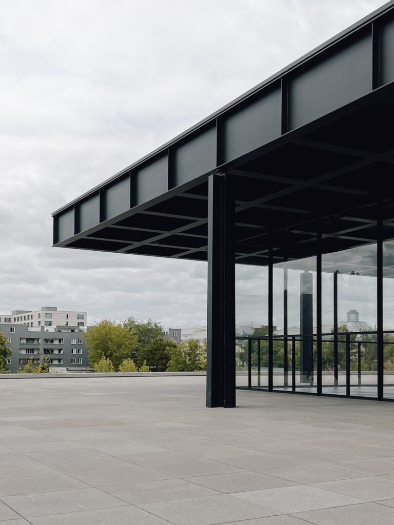 Minimalist architectural photography of the Neue Nationalgalerie in Berlin on a cloudy day