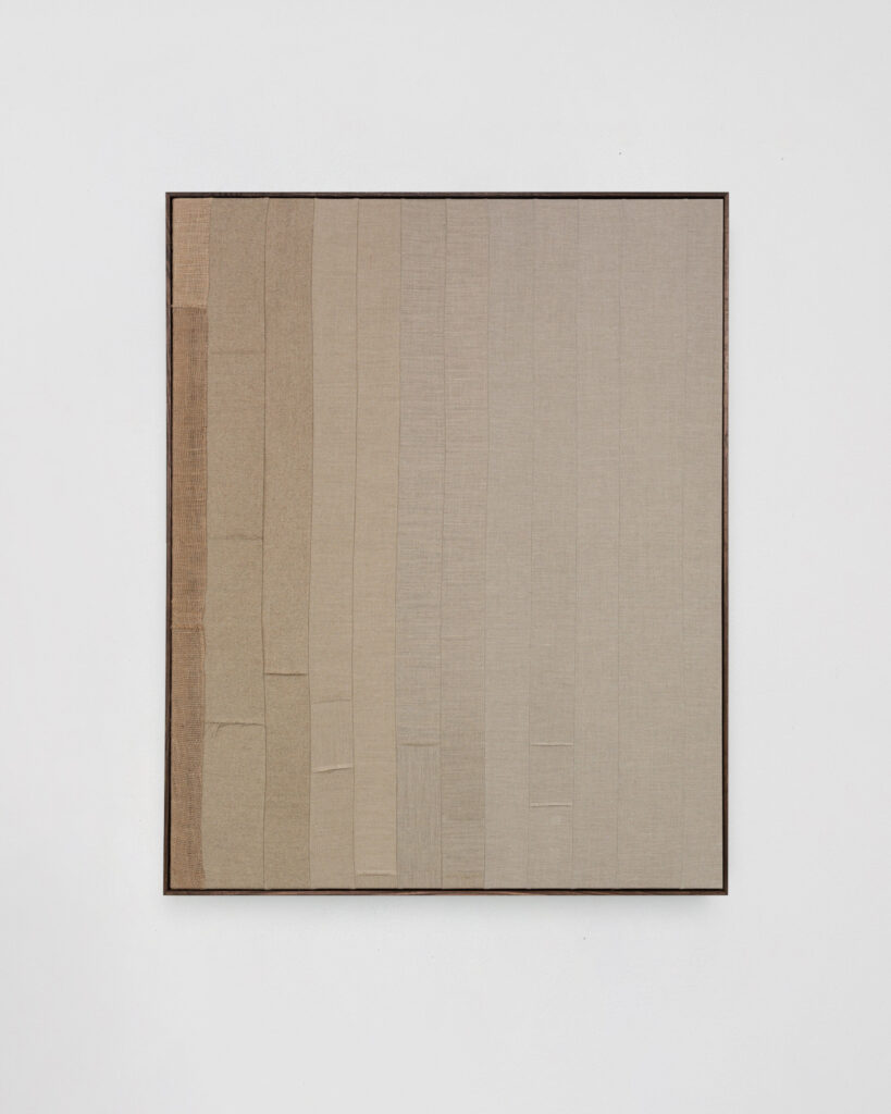 Morgan Stokes, On Actuality, 2022, Stitched Belgian and Italian linens and hessian, 152 x 122 x 5.5cm