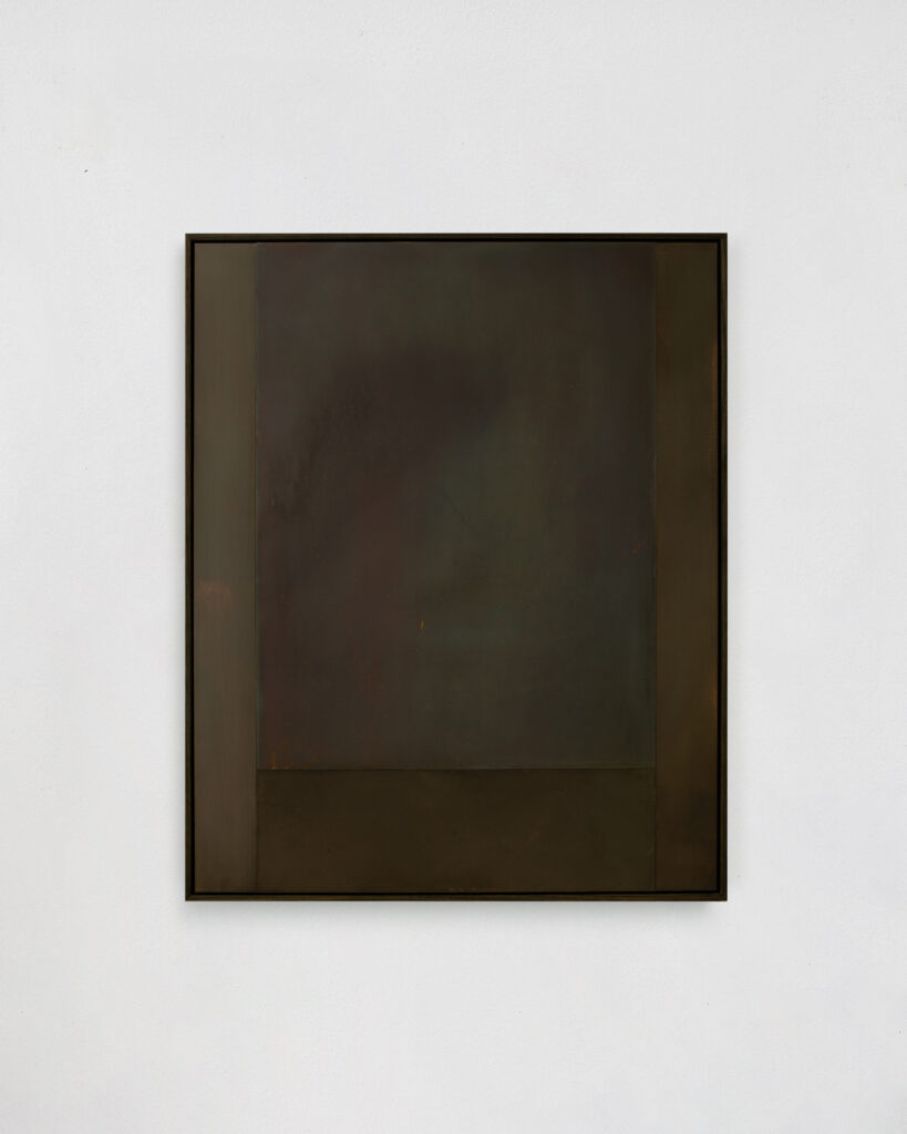 Morgan Stokes, On Becoming 2, 2023, Patinated brass and copper, 93 x 76.6 x 5.5cm, Framed in Tasmanian oak