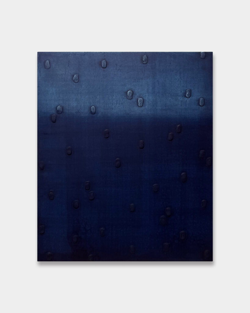 Maya Makino, Rain, 2015, Indigo dye and gofun (shell lime) gesso on wooden panel, 45,5×38 cm © The Artist