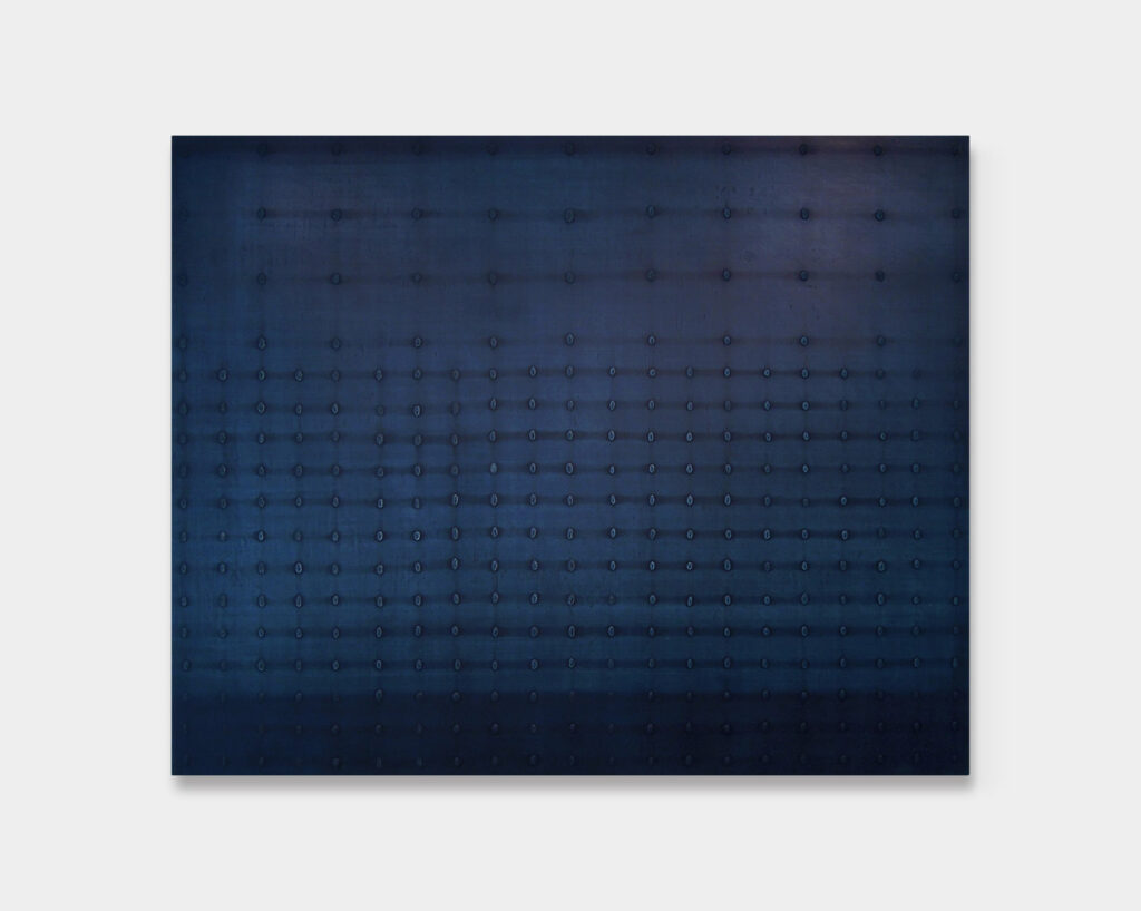 Maya Makino, Rain, 2015, Indigo dye and gofun (shell lime) gesso on wooden panel, 45,5×38 cm © The Artist