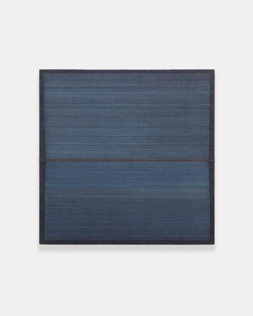 Alexander Jowett, Midnight Moon, 2015/18, paint pen and stitching on raw denim over wood panel, ca. 122 x 122 cm © The Artist