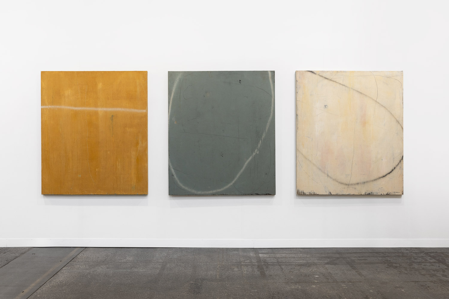 Enrich R., from left to right: "BRICE", "HORN", and "COTIIS", all 2024, Mixed media on canvas, 162 × 130 cm, presented by Alzueta Gallery © The Artist, Photography by Sarah Dorweiler / Aesence