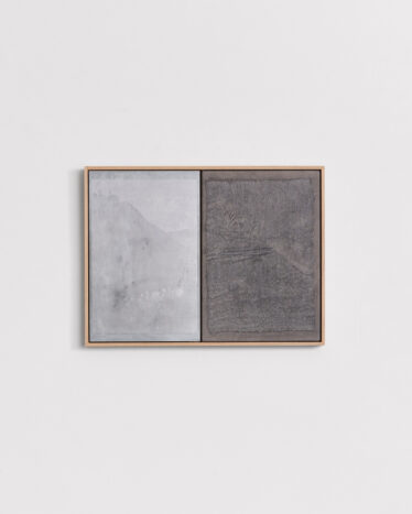 Armando Chant, Grisaille Diptych I (Mist through the morning light), 2023, Hand embroidered linen, wax, pigment powder, etched aluminium panel, pigment wash, varnish, framed: 48 × 64,5 cm © The Artist, Images Courtesy of @Francisgallery, artwork photography by @_tobymitchell