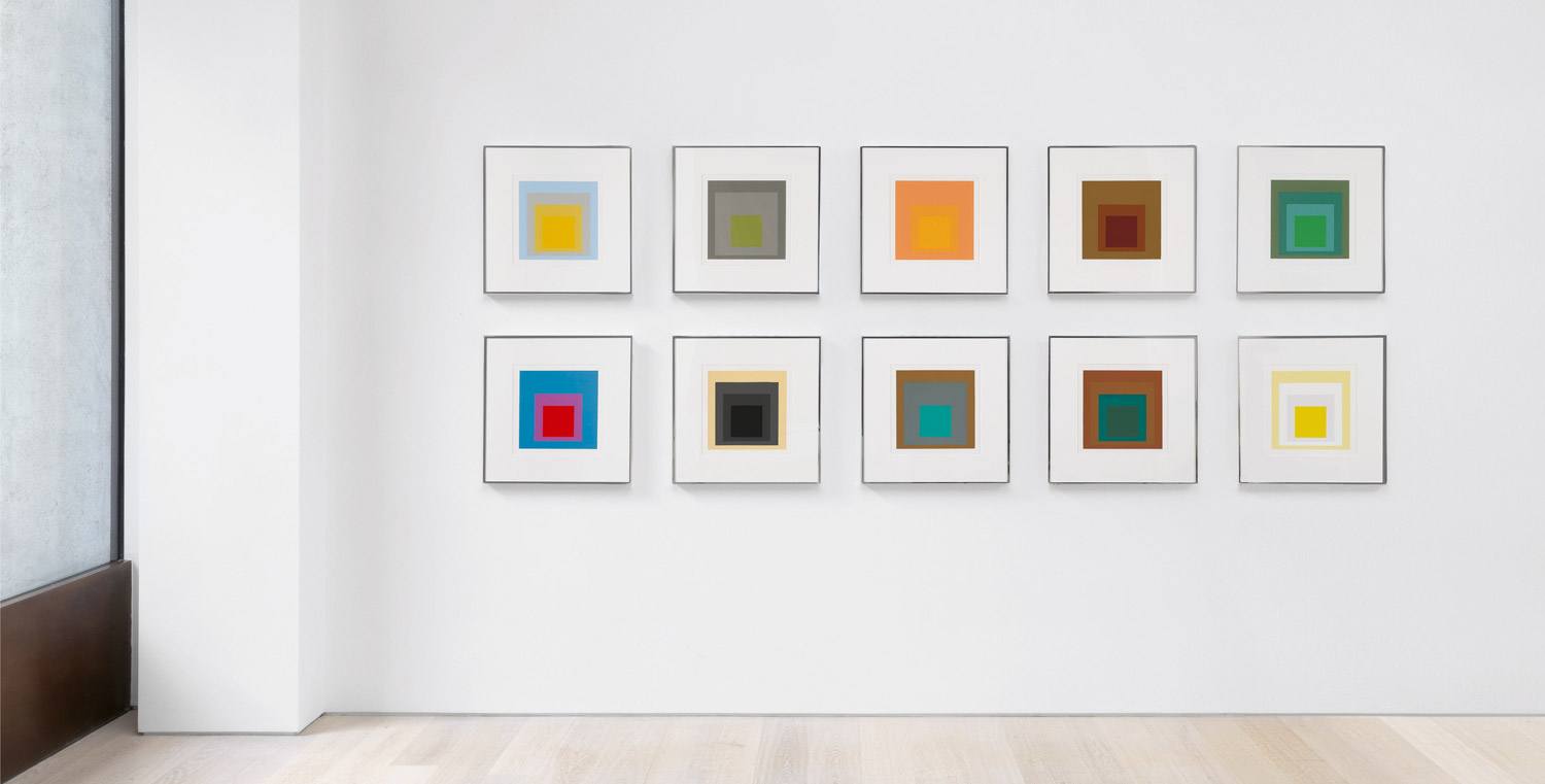 Installation View, Homage to the Square: Ten Works by Josef Albers, 1962. The complete portfolio of 10 screenprints.
Paper and Image each: 43 x 43 cm (each). Edition of 250. Courtesy The Josef and Anni Albers Foundation and Cristea Roberts Gallery, London