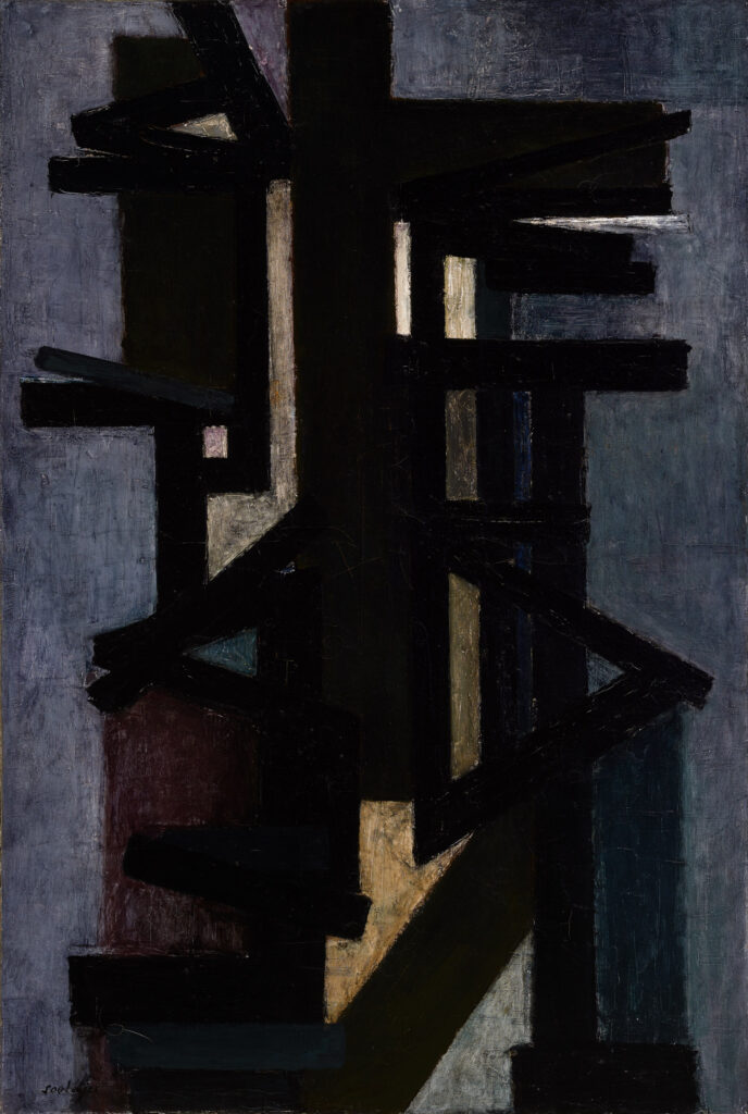 Pierre Soulages, Peinture 145 x 97 cm, 1949, 1949, huile sur toile, 145 x 97 cm, Collection du musée de Grenoble, don de l’artiste en 1949, inv. MG 3043, Ville de Grenoble /Musée de Grenoble – J.L. Lacroix © Adagp, Paris, 2025