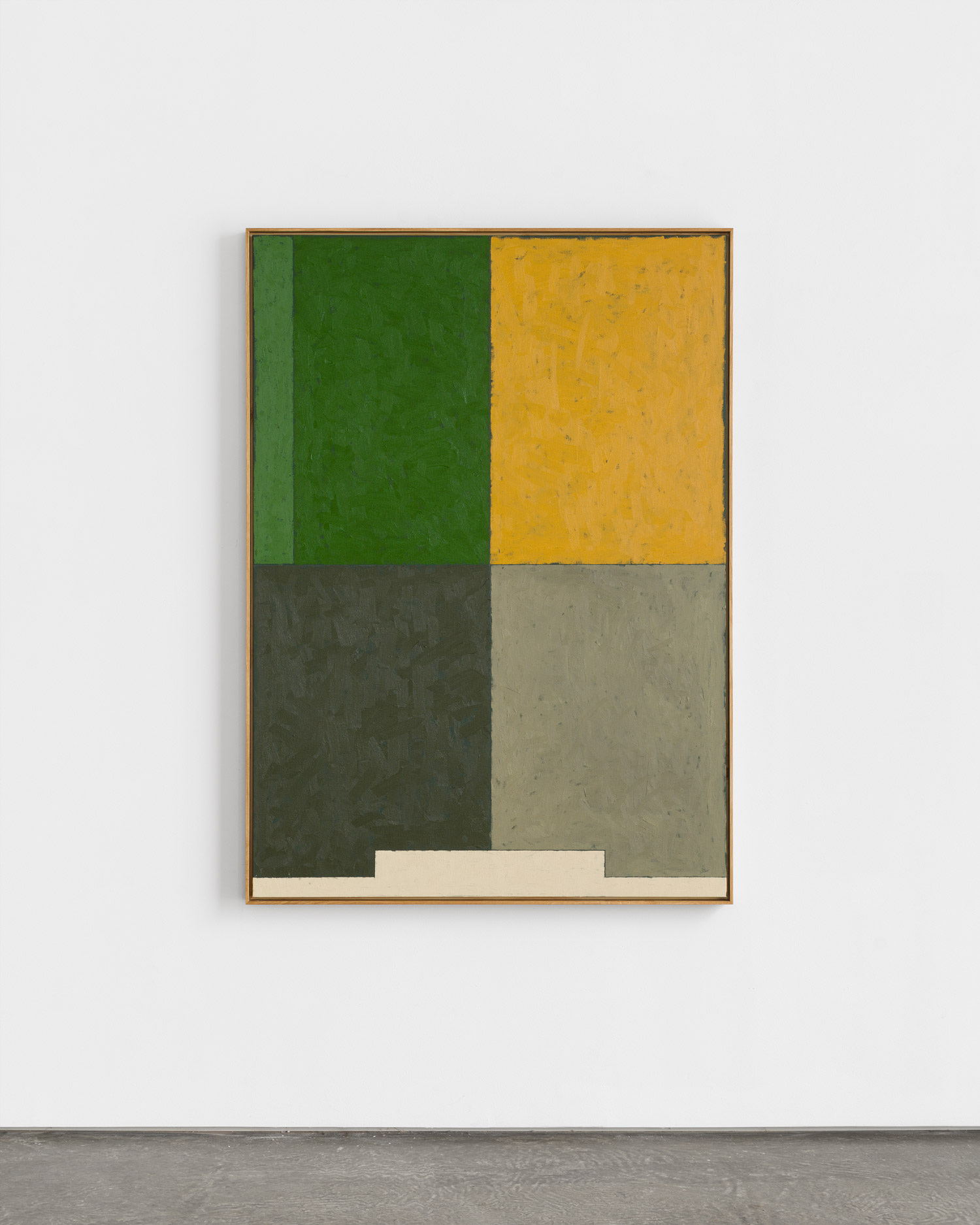 Søren Sejr, 'Five Squares, One Beige Hat Bottom', 2024, Oil and oil stick on canvas, 160 x 115 cm on view at 'I Call This Color' at Jacob Bjorn Gallery, 2024 © The Artist, Photography by Jacob Friis-Holm Nielsen