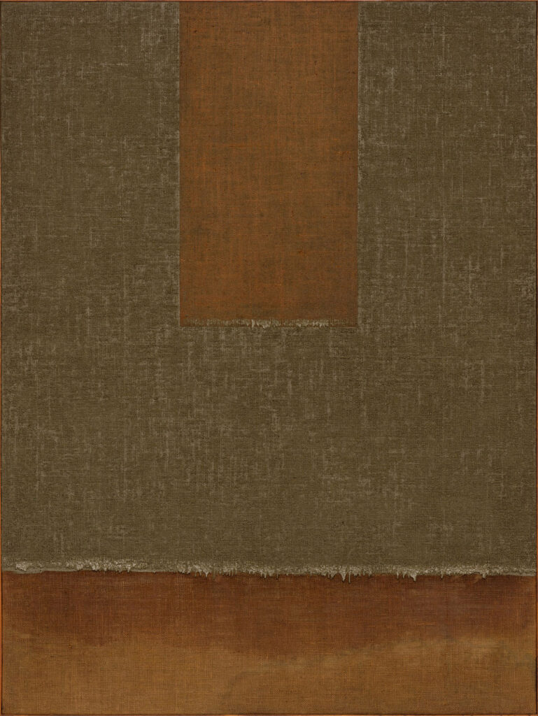 Ha Chong-Hyun, Conjunction 80-77, 1980 – Oil on hemp cloth NFS - Institutions Only
160 x 120 cm, 63 x 47 in (unframed); 161 x 121.5 x 4 cm, 63 1/2 x 48 x 1 1/2 in (framed) / © Ha Chong-Hyun – Courtesy of the Artist and Almine Rech – Photo: Eva Herzog